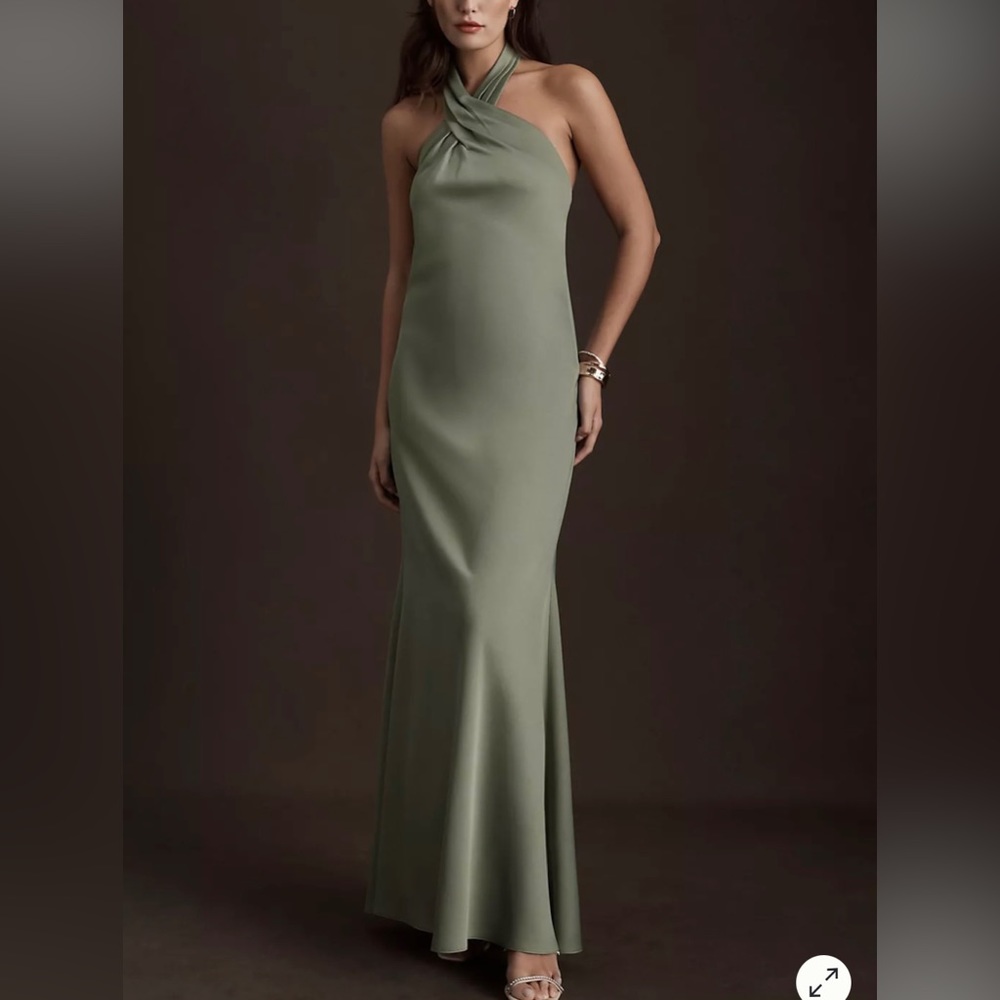 BHLDN Ruby Twist Halter Satin Gown in Moss